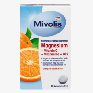 أقراص الاستحلاب Mivolis Magnesium + Vitamin C + Vitamin B6 + B12 - لتعزيز صحة العضلات والجهاز العصبي مع فيتامين C، B6 + B12 يساهم المغنيسيوم في وظيفة العضلات الطبيعية بنكهة البرتقال